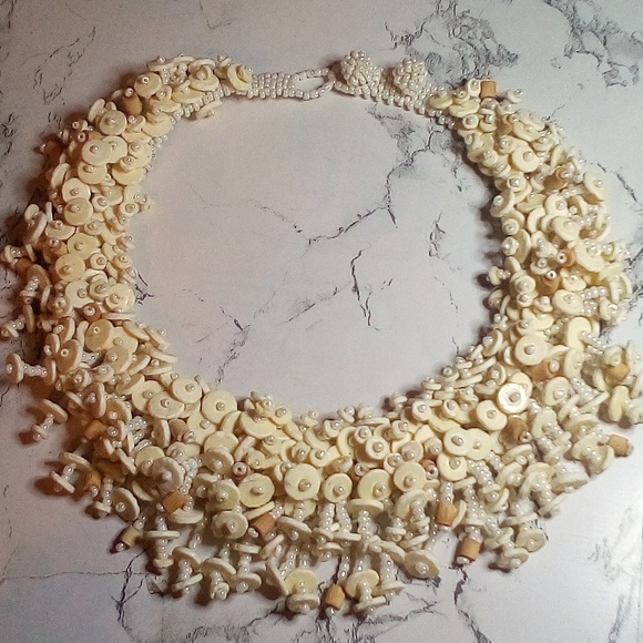 Vintage Artisan Hand Crafted Crochet MOP Ostrich Shell & Wood Beaded Necklace - Picture 10 of 12